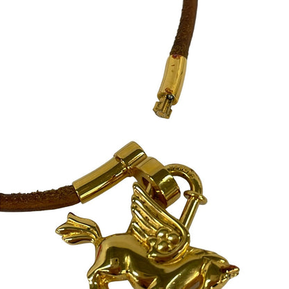 Hermes Choker Kite Leather Brown Gold Pegasus Motif Necklace — view 4