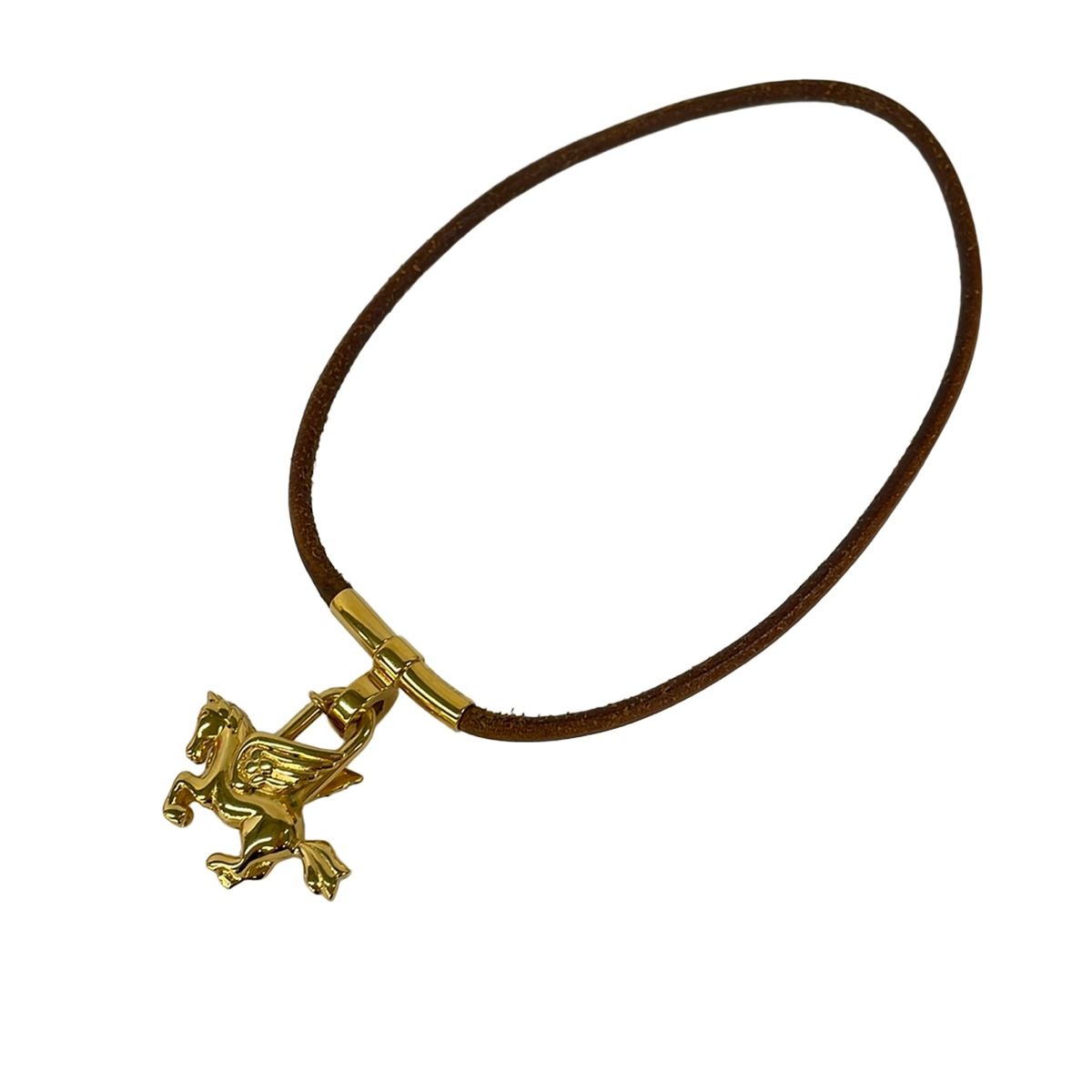 Hermes Choker Kite Leather Brown Gold Pegasus Motif Necklace — view 2