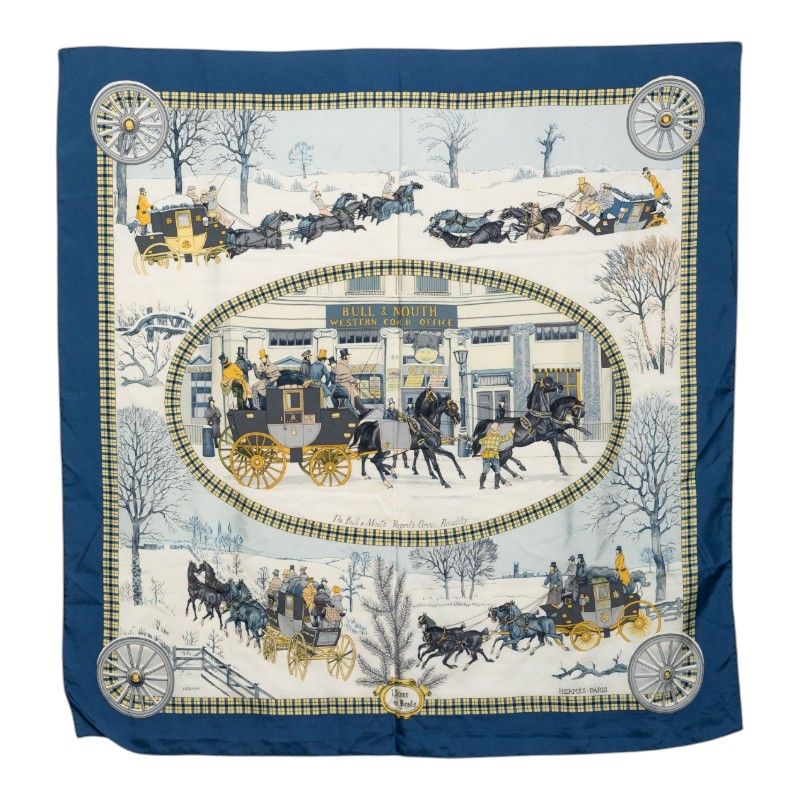Hermes Carre 90 L' Hiver en Poste Winter Mail Scarf Large Blue Multicolor Silk