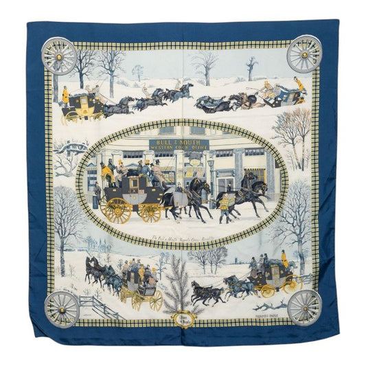 Hermes Carre 90 L' Hiver en Poste Winter Mail Scarf Large Blue Multicolor Silk