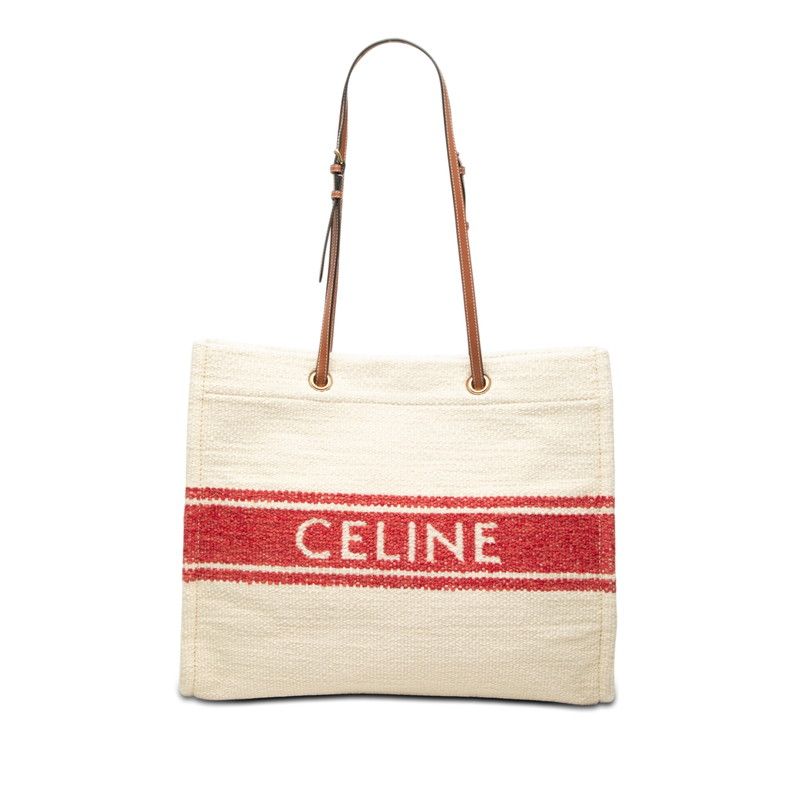 Celine Horizontal Cabas Tote Shoulder Bag Ivory Red Leather Textile