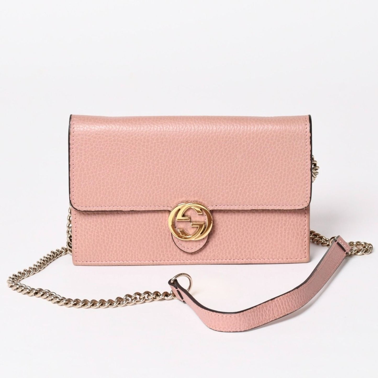 Gucci Interlocking G Chain Wallet Pebbled Leather Shoulder Bag Clutch Pink Gold
