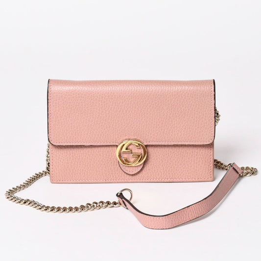 Gucci Interlocking G Chain Wallet Pebbled Leather Shoulder Bag Clutch Pink Gold