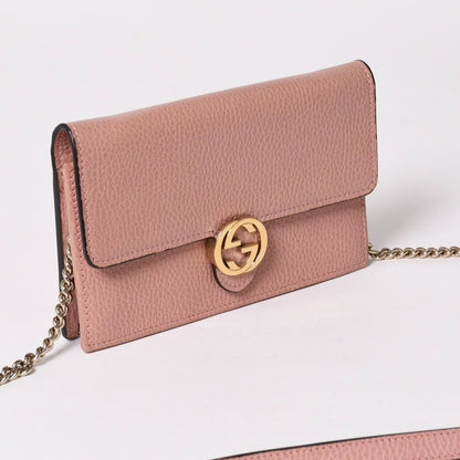 Gucci Interlocking G Chain Wallet Pebbled Leather Shoulder Bag Clutch Pink Gold — view 3