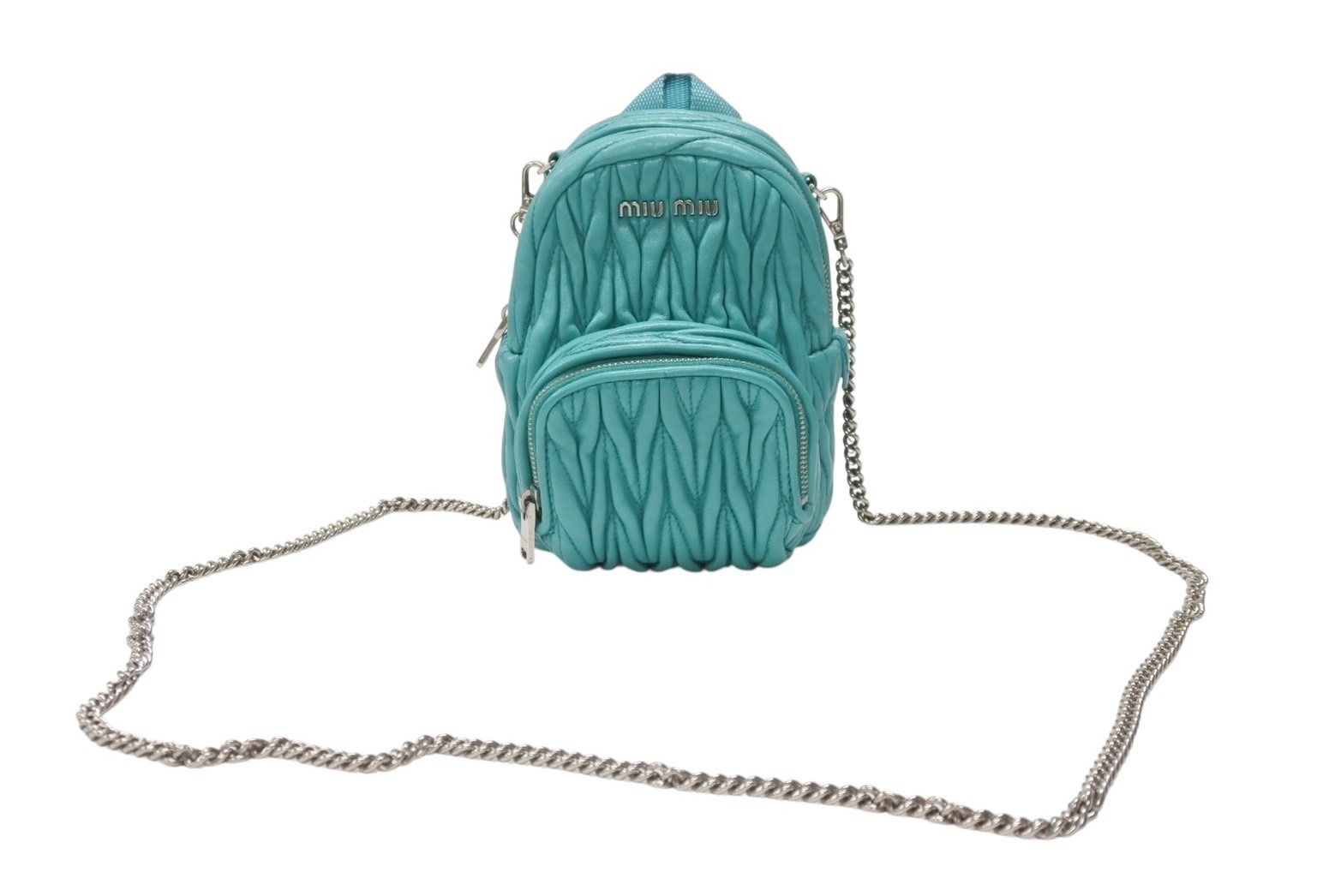 Miu Miu Micro Backpack Chain Shoulder Bag Matelasse Lambskin Turquoise Blue