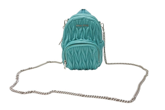 Miu Miu Micro Backpack Chain Shoulder Bag Matelasse Lambskin Turquoise Blue