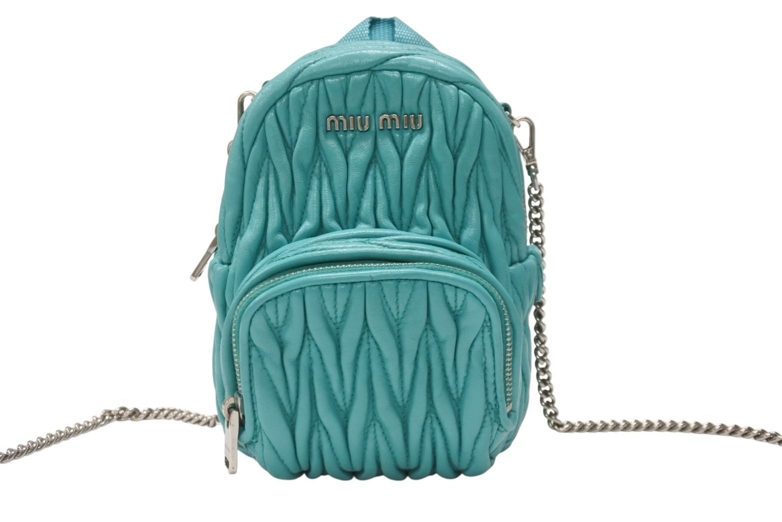 Miu Miu Micro Backpack Chain Shoulder Bag Matelasse Lambskin Turquoise Blue — view 2