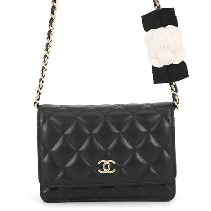 Chanel Chain Wallet Quilted Camellia Ribbon Lambskin Black