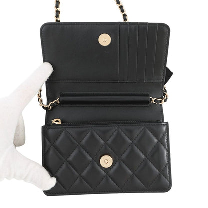Chanel Chain Wallet Quilted Camellia Ribbon Lambskin Black — view 5