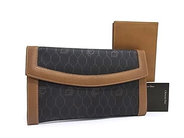Dior Wallet Brown Leather Vintage Honeycomb Pattern Kiss Lock Bifold