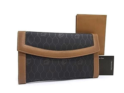 Dior Wallet Brown Leather Vintage Honeycomb Pattern Kiss Lock Bifold