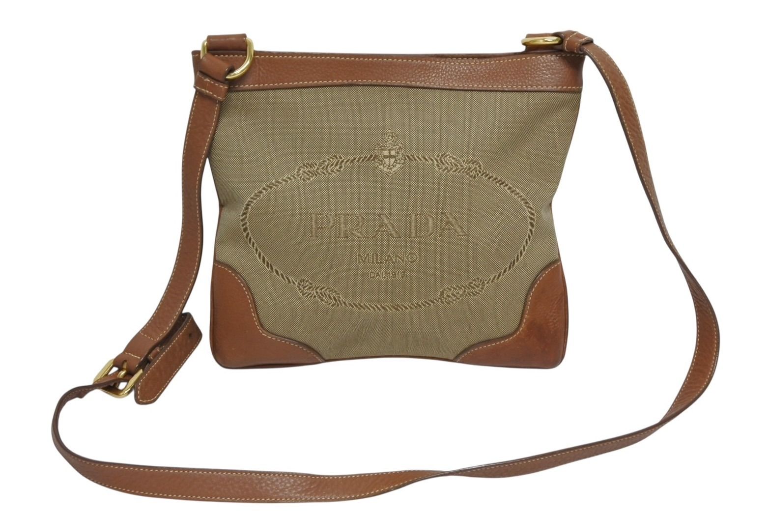 Prada Logo Jacquard Shoulder Bag Beige Brown Cotton Canvas Gold