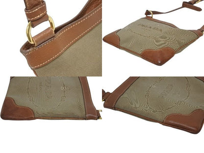 Prada Logo Jacquard Shoulder Bag Beige Brown Cotton Canvas Gold — view 5