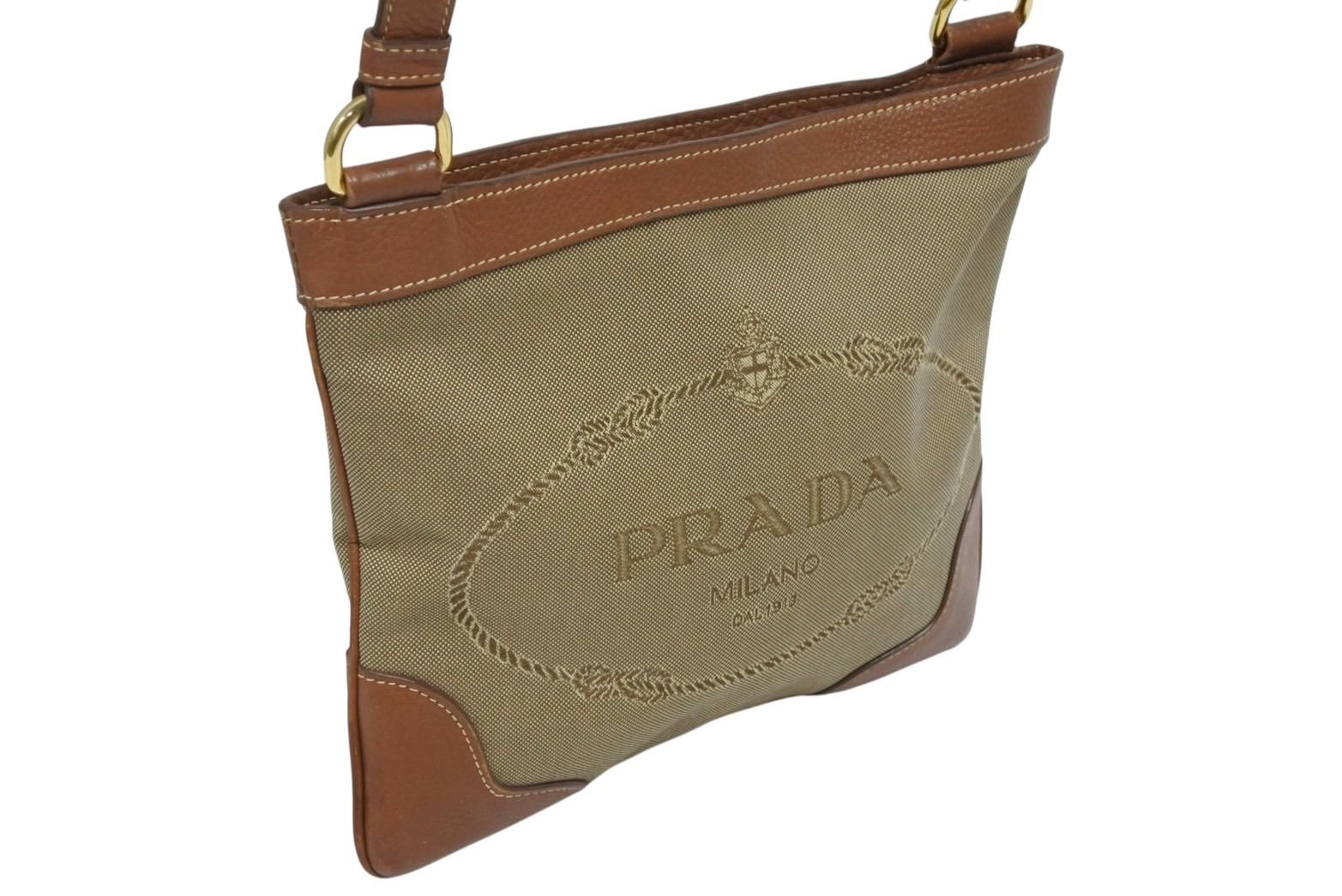 Prada Logo Jacquard Shoulder Bag Beige Brown Cotton Canvas Gold — view 3