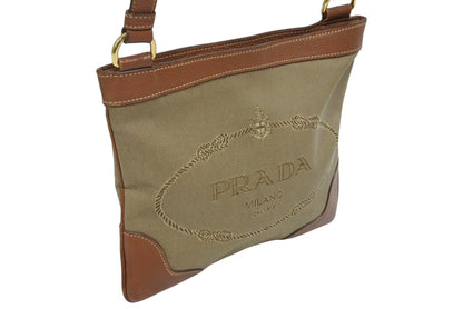 Prada Logo Jacquard Shoulder Bag Beige Brown Cotton Canvas Gold — view 3