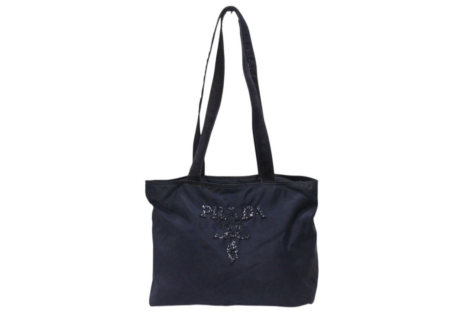 Prada Tote Bag Logo Sequin Nylon Navy