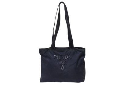 Prada Tote Bag Logo Sequin Nylon Navy