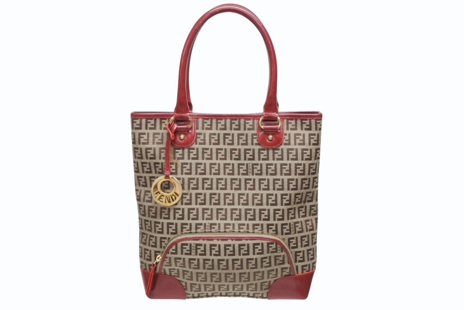 Fendi Zucchino Tote Bag Leather Canvas Beige Red Gold