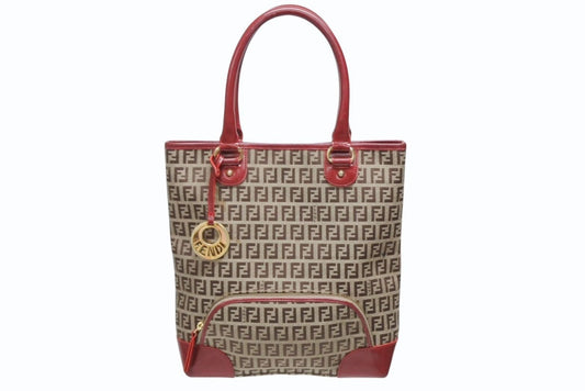 Fendi Zucchino Tote Bag Leather Canvas Beige Red Gold