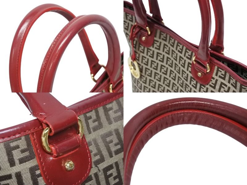 Fendi Zucchino Tote Bag Leather Canvas Beige Red Gold — view 8