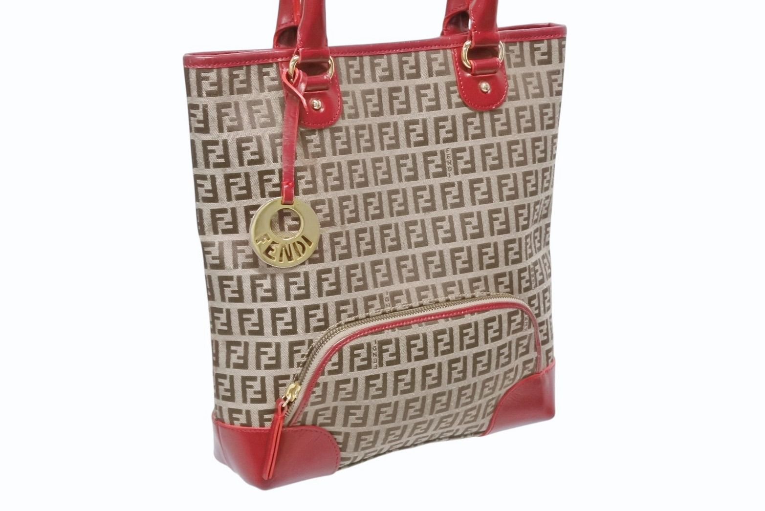 Fendi Zucchino Tote Bag Leather Canvas Beige Red Gold — view 4