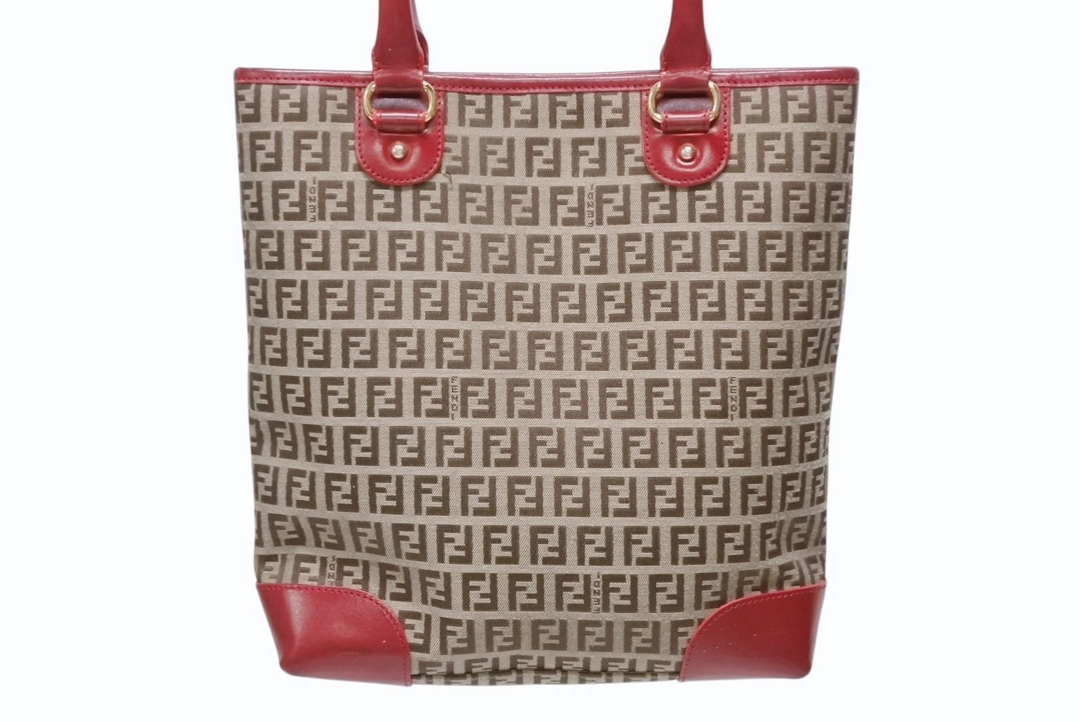 Fendi Zucchino Tote Bag Leather Canvas Beige Red Gold — view 3