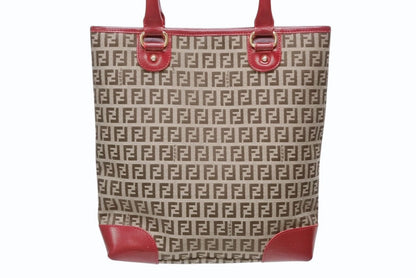 Fendi Zucchino Tote Bag Leather Canvas Beige Red Gold — view 3