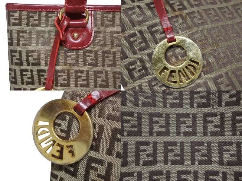 Fendi Zucchino Tote Bag Leather Canvas Beige Red Gold — view 7
