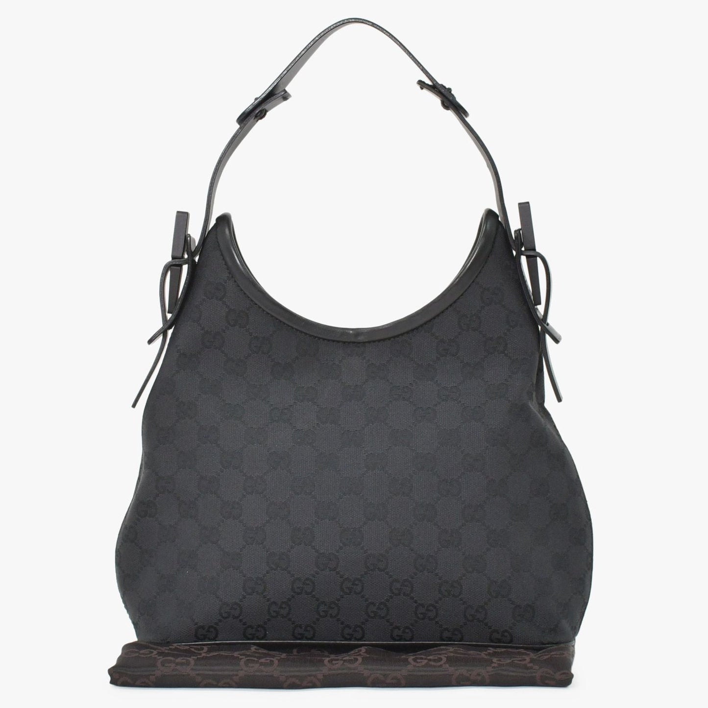Gucci Hobo Handbag GG Canvas Leather Black Gold