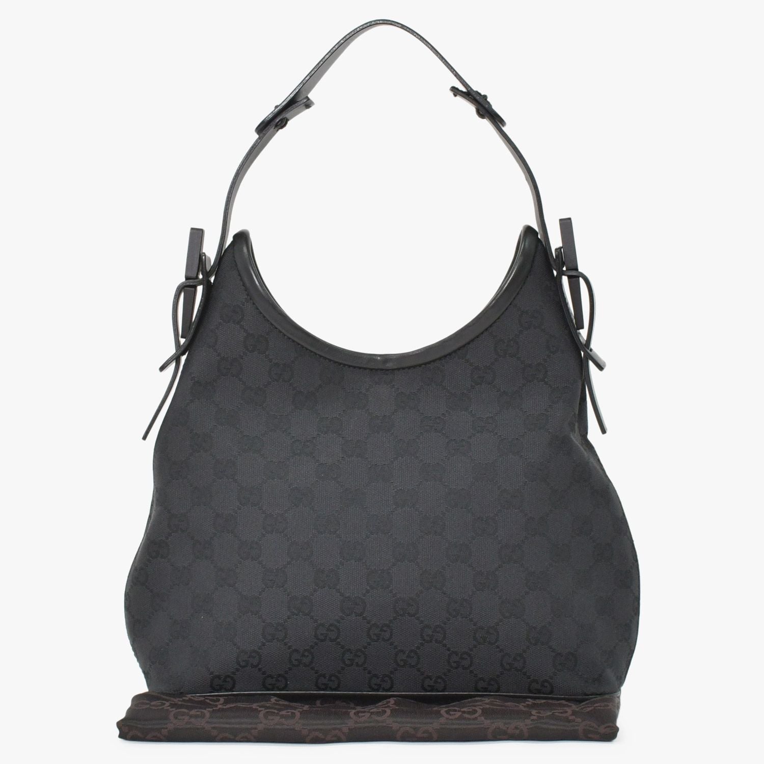 Gucci Hobo Handbag GG Canvas Leather Black Gold
