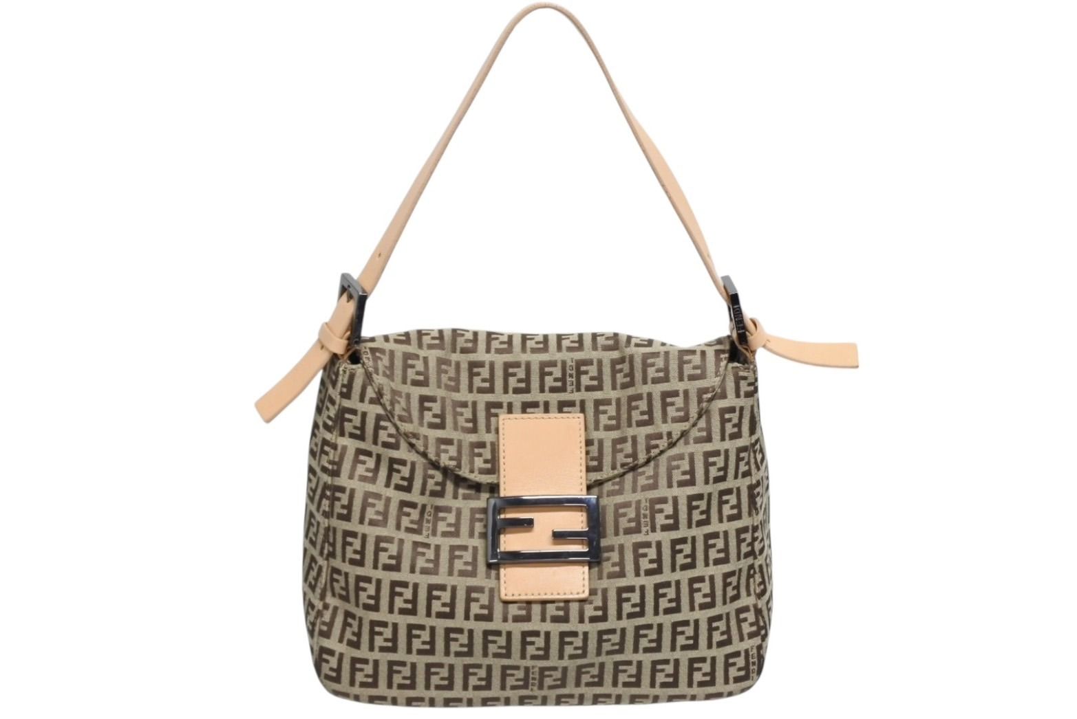 Fendi Zucchino Pattern Mamma Baguette Bag Beige Brown Silver