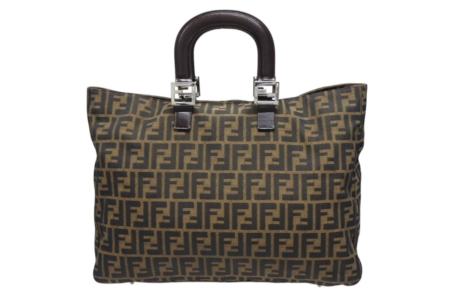 Fendi Tote Bag Zucca Pattern Canvas Leather Brown Silver