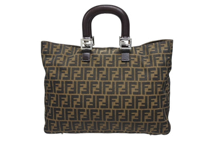Fendi Tote Bag Zucca Pattern Canvas Leather Brown Silver