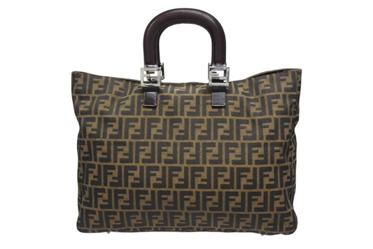Fendi Tote Bag Zucca Pattern Canvas Leather Brown Silver