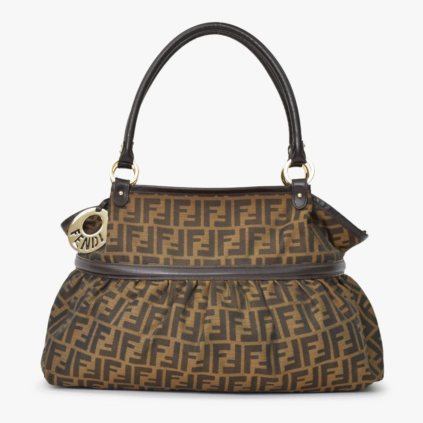 Fendi Handbag Zucca Pattern All Over Print Canvas Leather Brown Gold