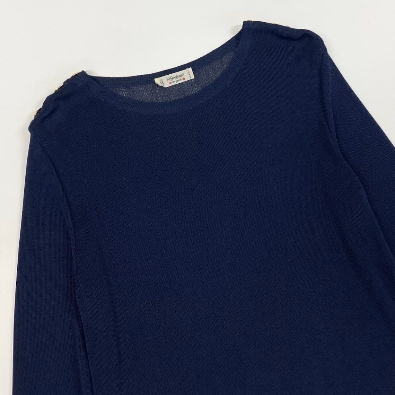 Saint Laurent Rive Gauche Long Sleeve Knit Gold Button Navy Rayon Sweater — view 4