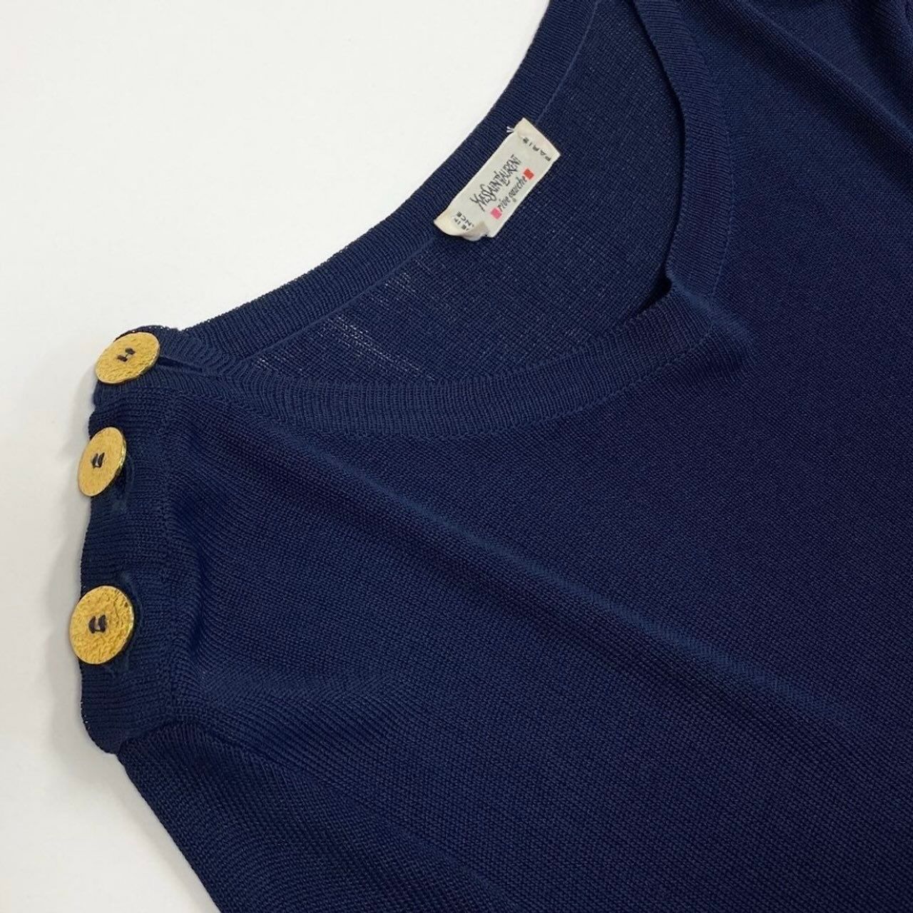 Saint Laurent Rive Gauche Long Sleeve Knit Gold Button Navy Rayon Sweater — view 6