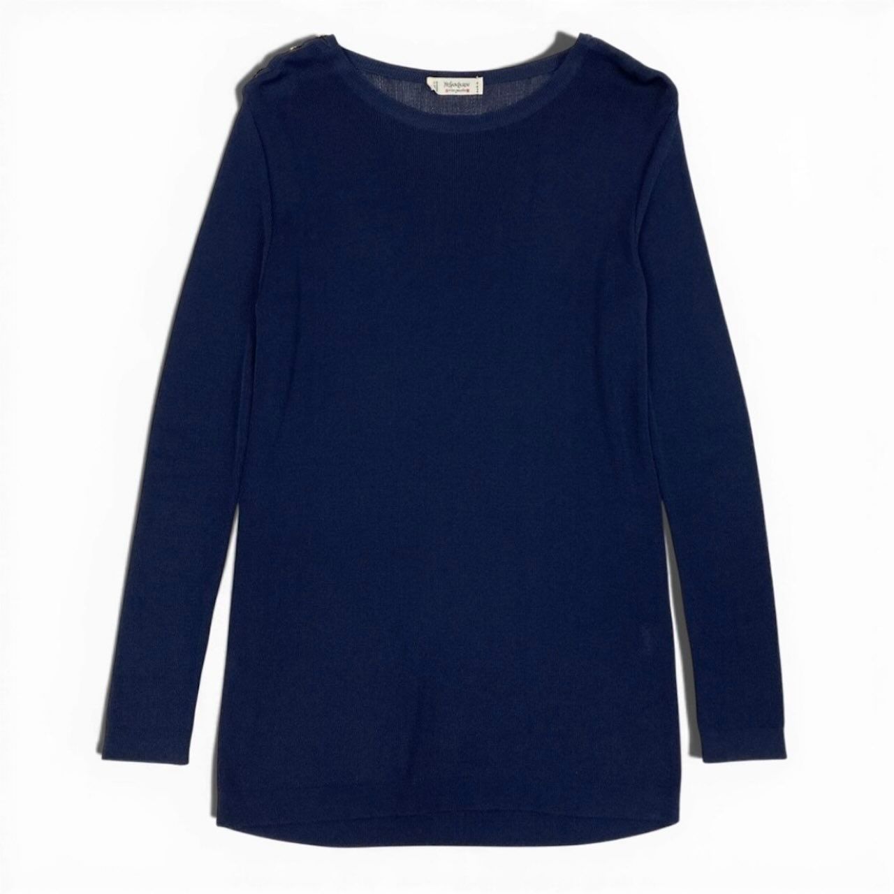 Saint Laurent Rive Gauche Long Sleeve Knit Gold Button Navy Rayon Sweater — view 2