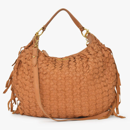 Miu Miu Intrecciato 2-Way Leather Shoulder Fringe Hobo Brown Lambskin Gold