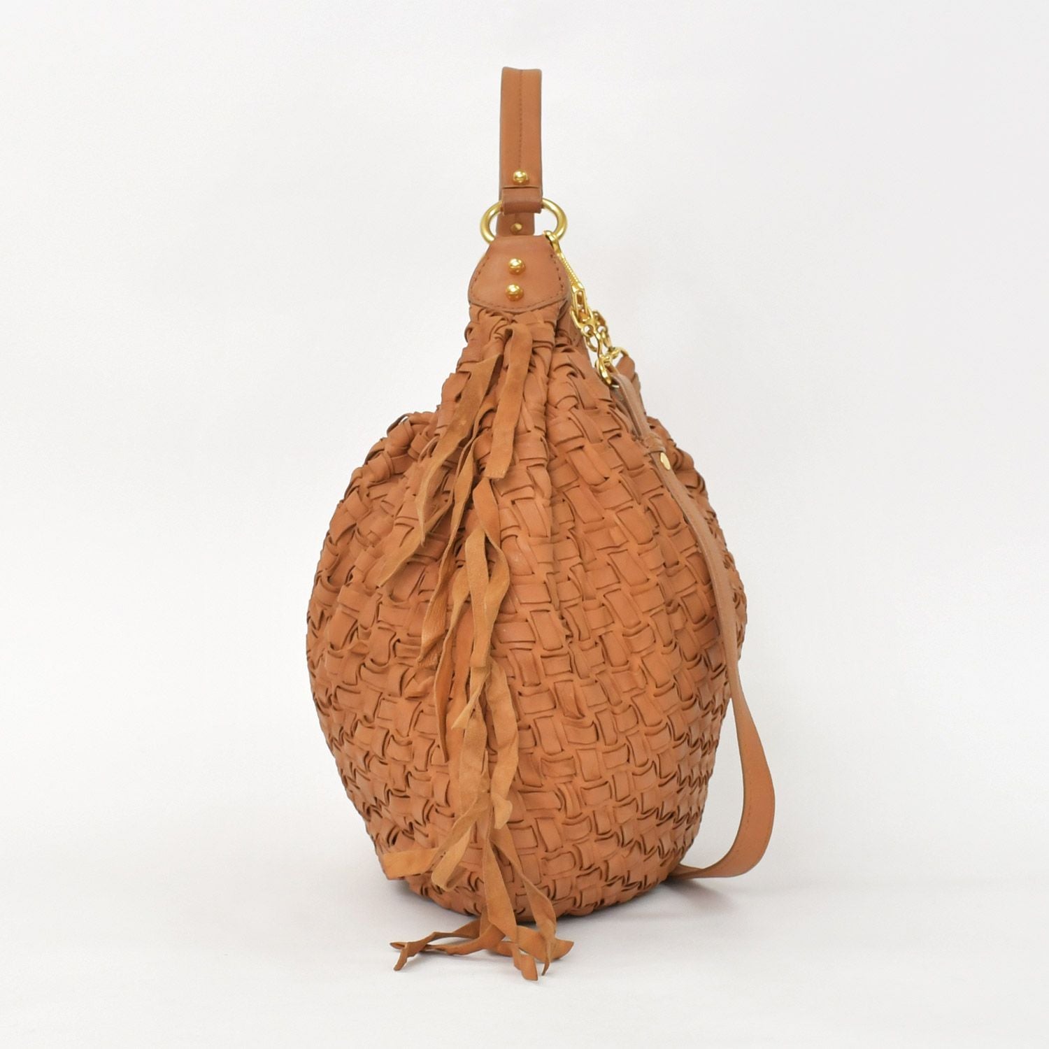 Miu Miu Intrecciato 2-Way Leather Shoulder Fringe Hobo Brown Lambskin Gold — view 4