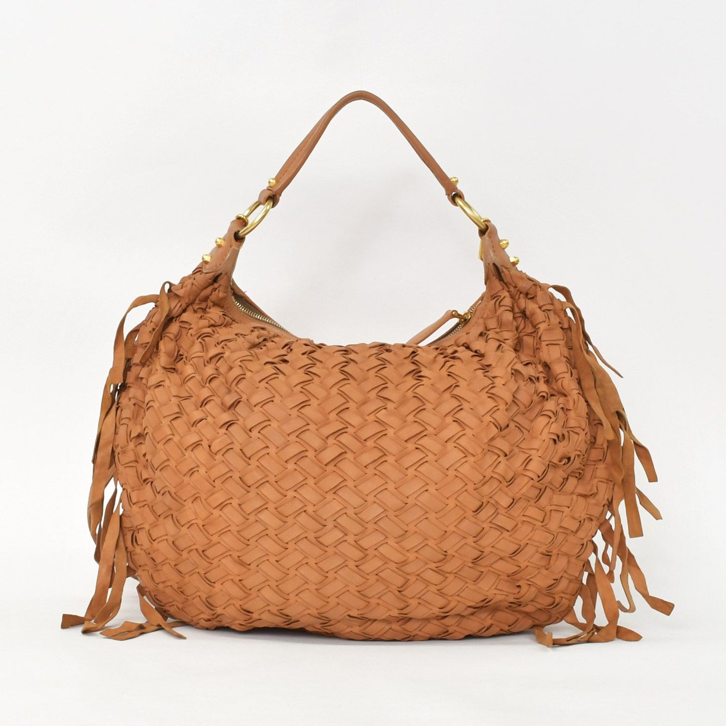 Miu Miu Intrecciato 2-Way Leather Shoulder Fringe Hobo Brown Lambskin Gold — view 3