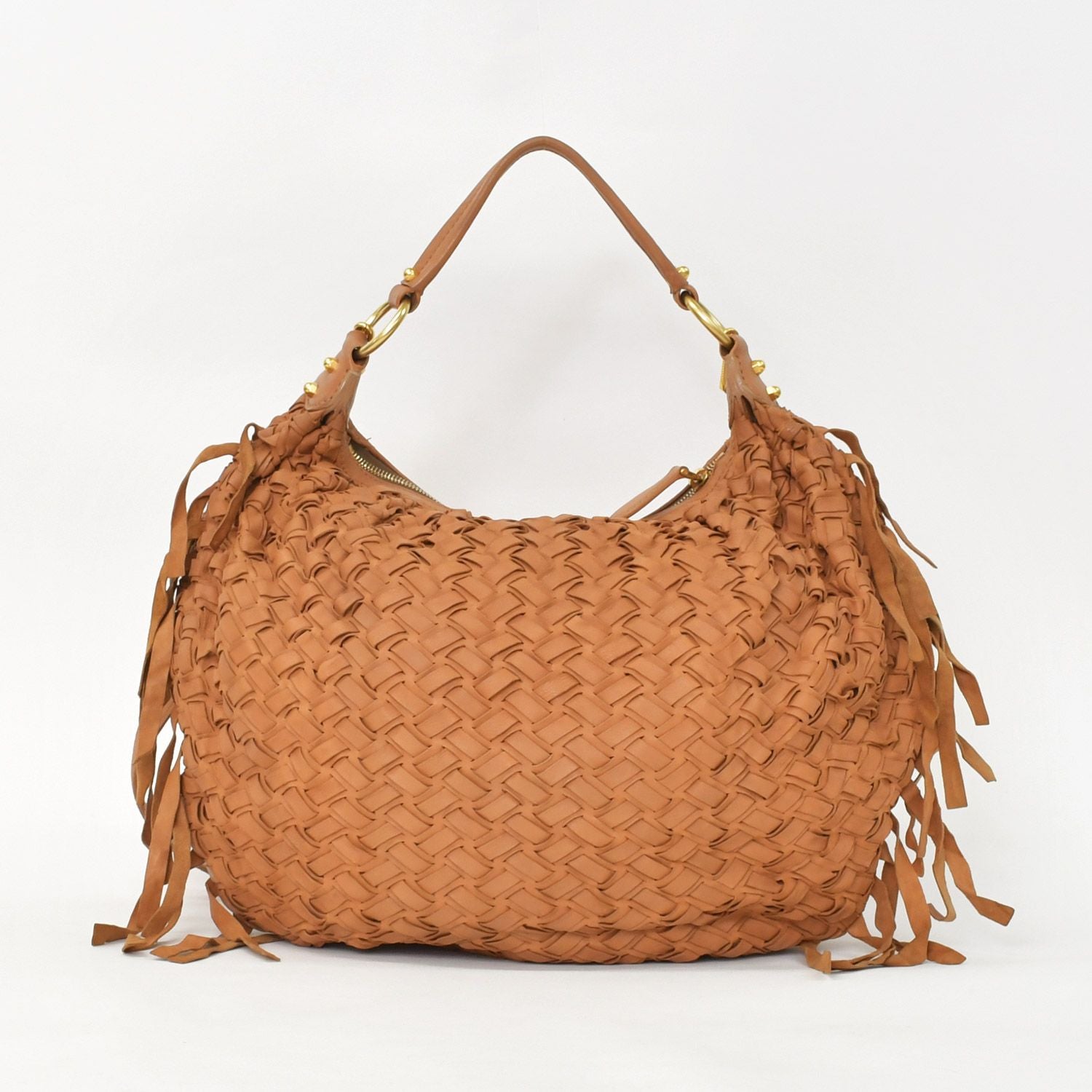 Miu Miu Intrecciato 2-Way Leather Shoulder Fringe Hobo Brown Lambskin Gold — view 3