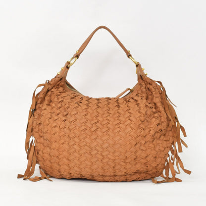 Miu Miu Intrecciato 2-Way Leather Shoulder Fringe Hobo Brown Lambskin Gold — view 3