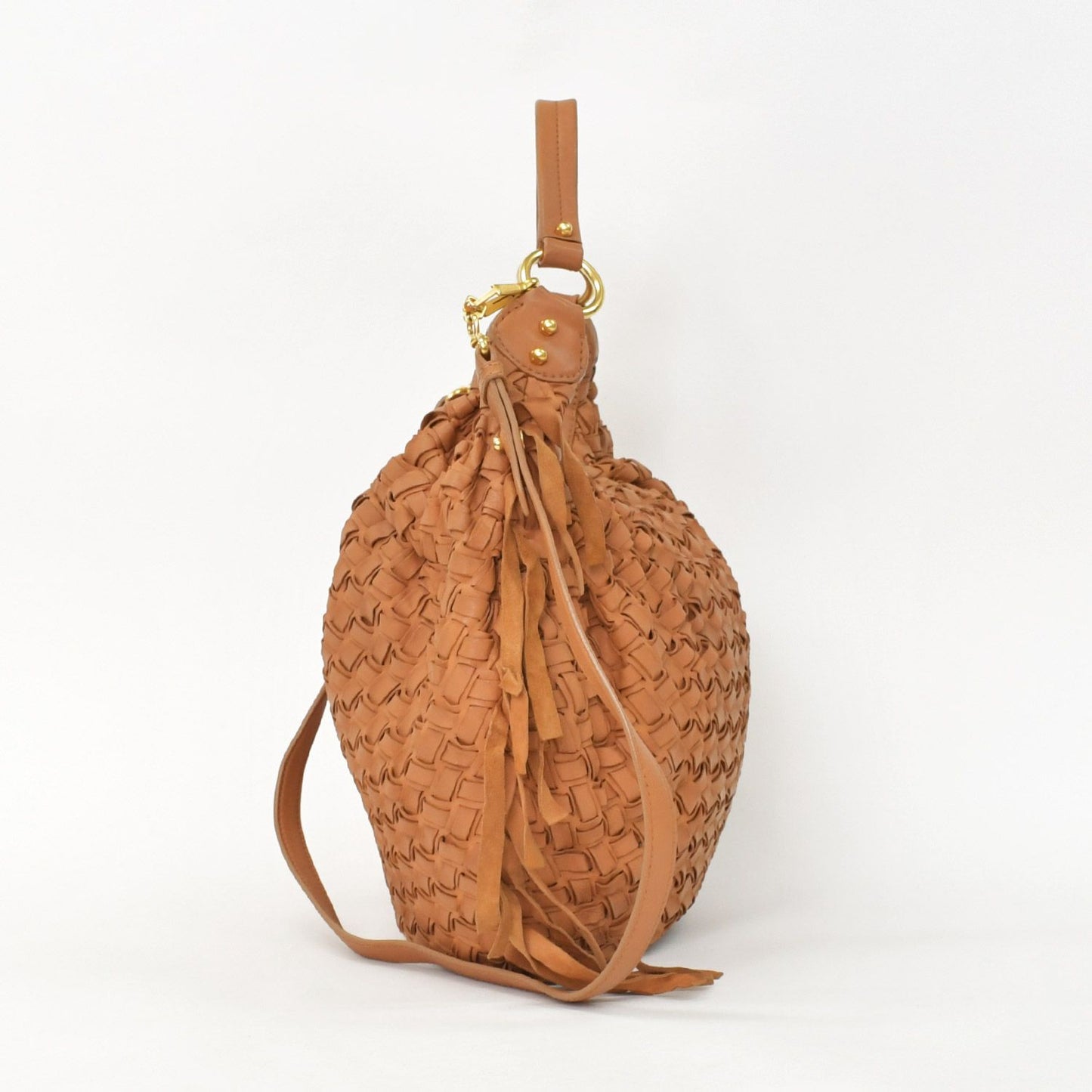 Miu Miu Intrecciato 2-Way Leather Shoulder Fringe Hobo Brown Lambskin Gold — view 2
