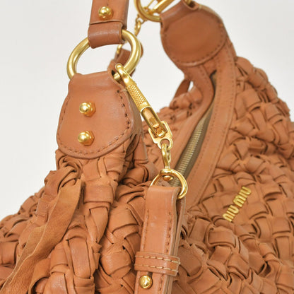 Miu Miu Intrecciato 2-Way Leather Shoulder Fringe Hobo Brown Lambskin Gold — view 7