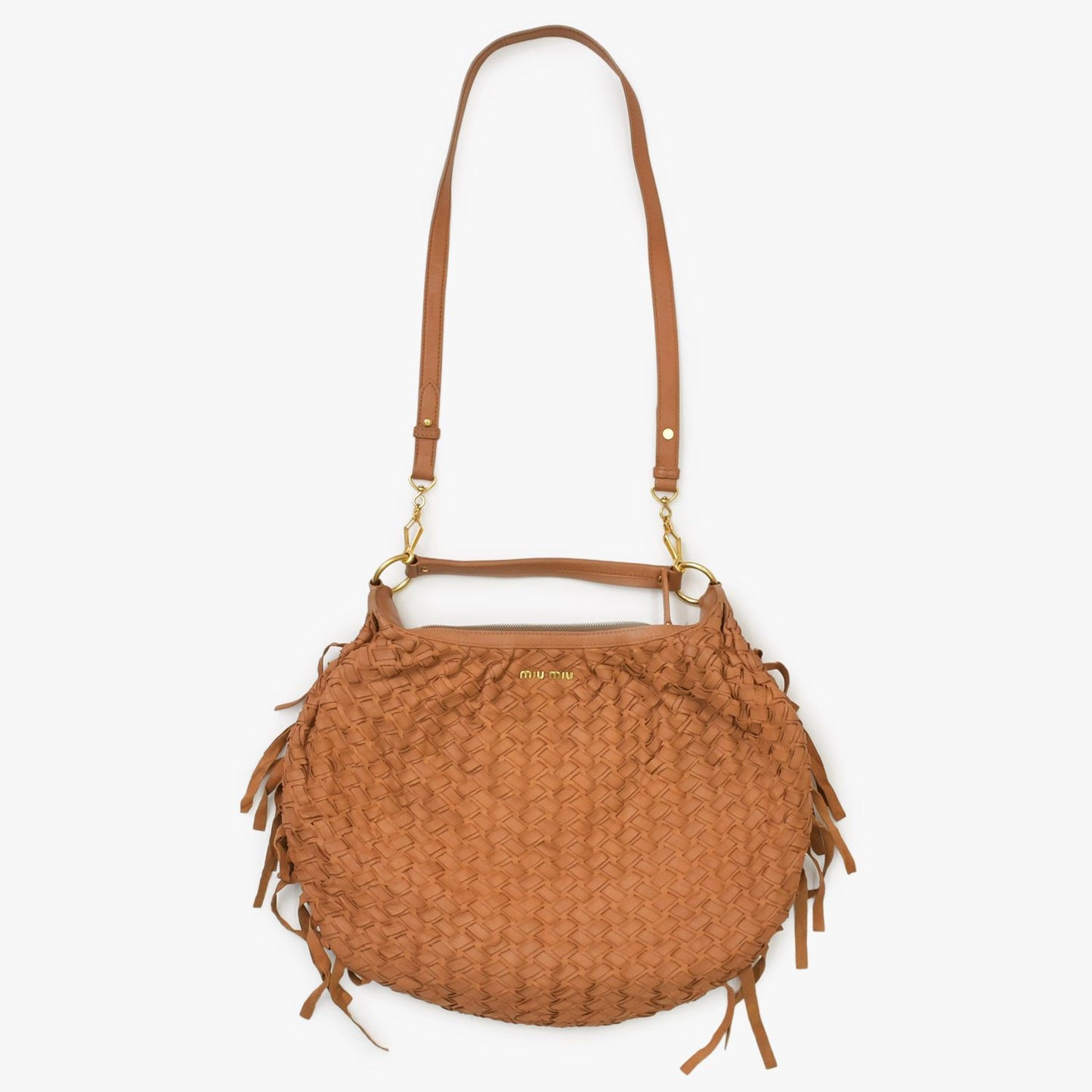 Miu Miu Intrecciato 2-Way Leather Shoulder Fringe Hobo Brown Lambskin Gold — view 5