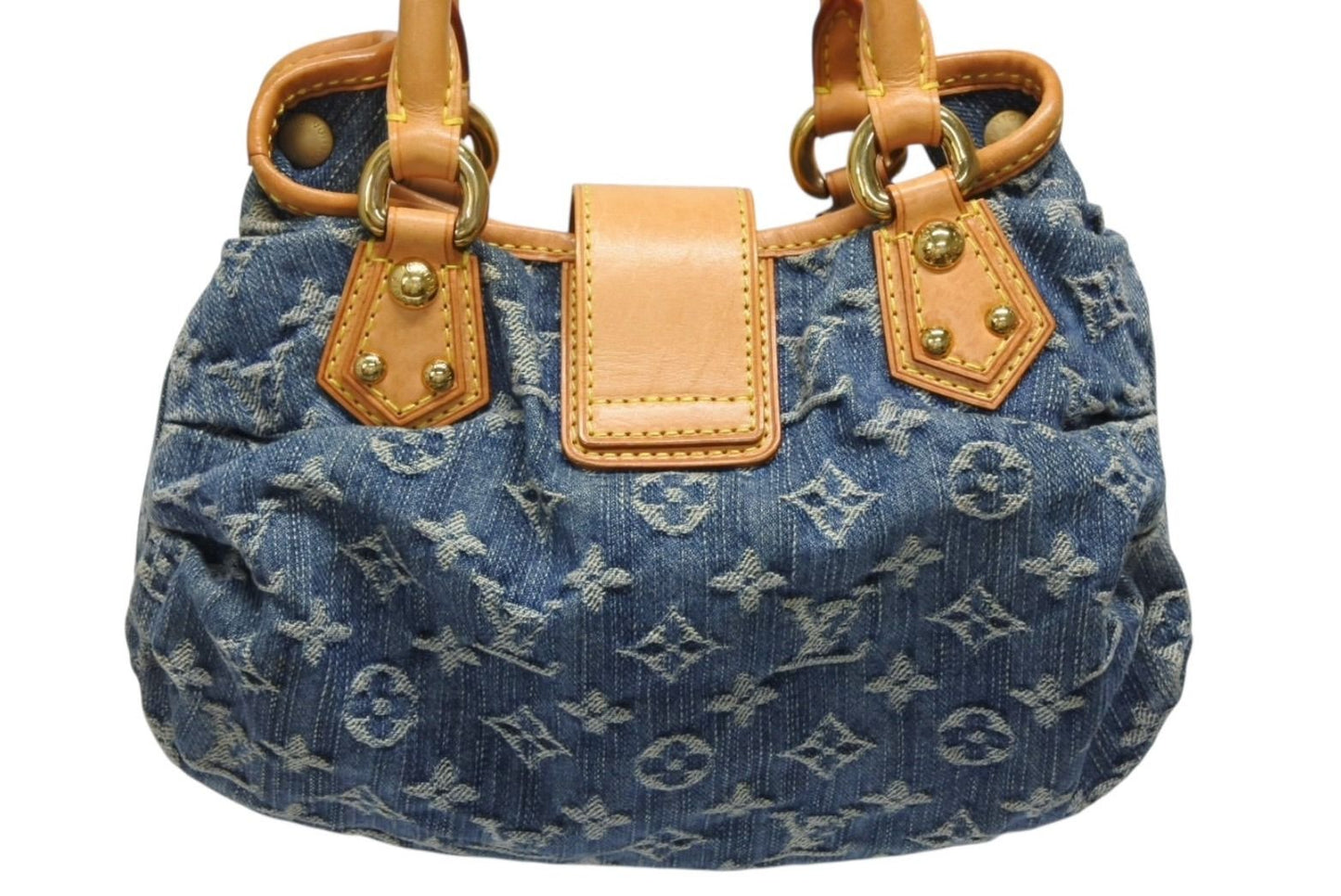 Louis Vuitton Pleaty Handbag Monogram Denim Leather Blue Gold — view 3