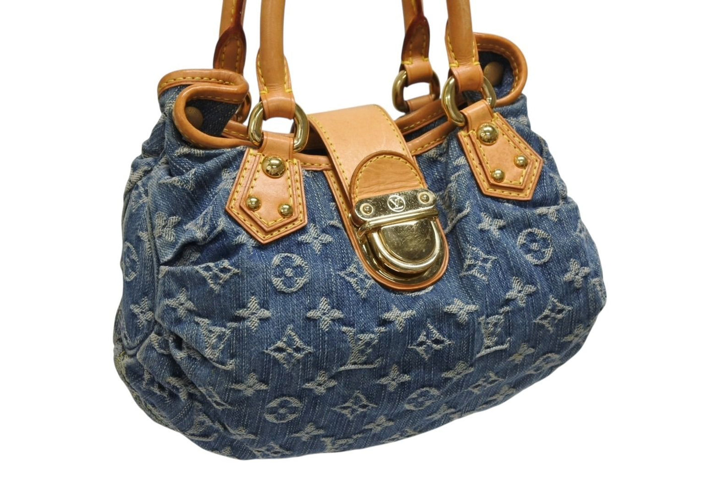 Louis Vuitton Pleaty Handbag Monogram Denim Leather Blue Gold — view 4