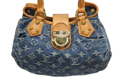 Louis Vuitton Pleaty Handbag Monogram Denim Leather Blue Gold — view 2