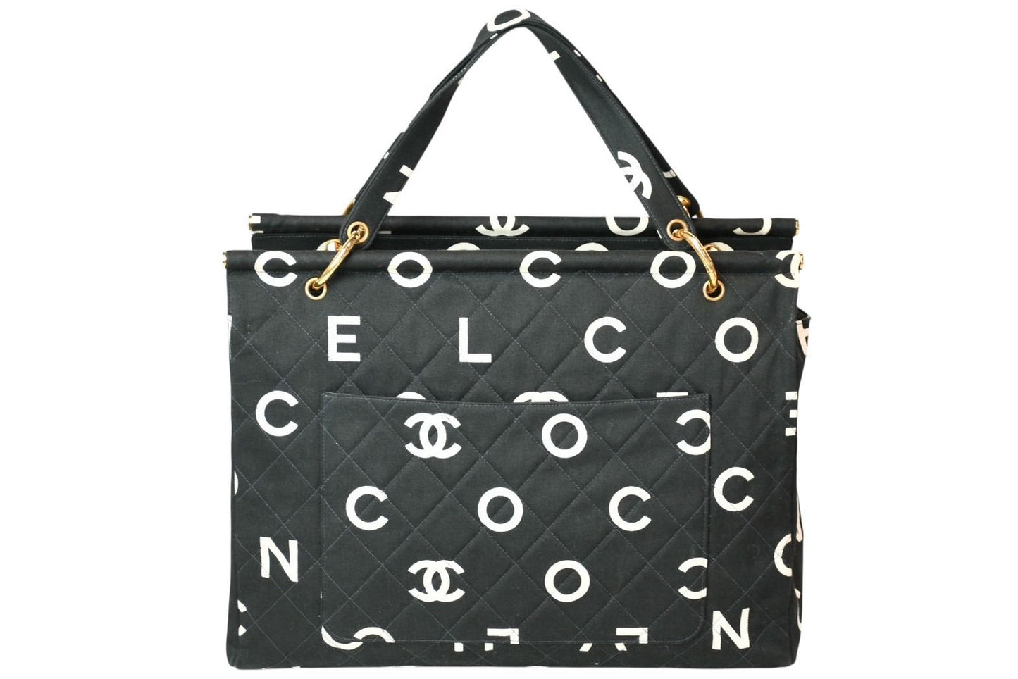 Chanel Handbag Quilted Black White Cotton Canvas Gold